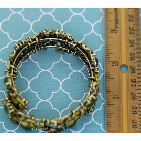 7 1/2 inch, Vintage Green Elven Rhinestones Fantasy Flowers Bangle Bracelet - R3 - Picture 3 of 3